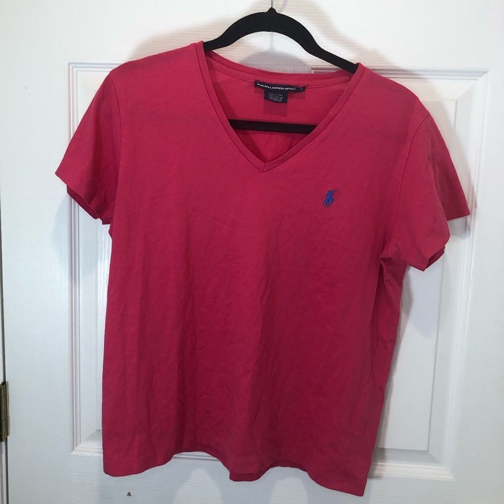 Ralph Lauren Sport pink v neck tee shirt, size large